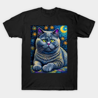 The British Shorthair Cat in starry night T-Shirt